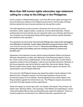 More Than 500 Human Rights Advocates Sign Statement Calling for a Stop to the Killings in the Philippines