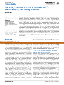 Life at High Salt Concentrations, Intracellular Kcl Concentrations, and Acidic Proteomes