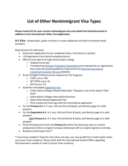 List of Other Nonimmigrant Visa Types