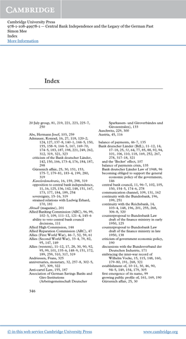 Cambridge University Press 978-1-108-49978-1 — Central Bank Independence and the Legacy of the German Past Simon Mee Index More Information