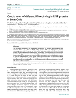 Crucial Roles of Different RNA-Binding Hnrnp Proteins in Stem Cells