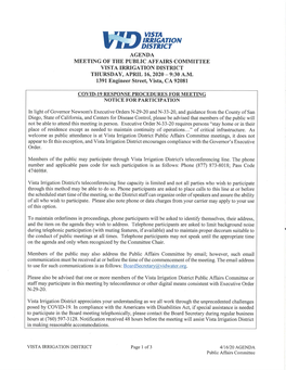 Inßjgation Dtstnct Agenda Meeting of the Public Affairs Committee Vista Irrigation District Thursday, April 16,2020 - 9:30 A.M