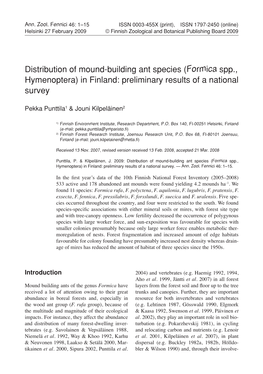 Formica Spp., Hymenoptera) in Finland: Preliminary Results of a National Survey