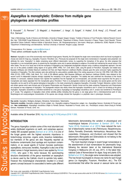 Aspergillus Is Monophyletic: Evidence from Multiple Gene Phylogenies and Extrolites Proﬁles