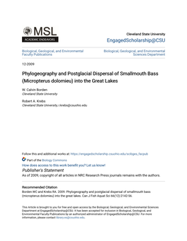 Phylogeography and Postglacial Dispersal of Smallmouth Bass (Micropterus Dolomieu) Into the Great Lakes