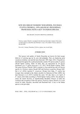 New Record of Nursery Web Spider, Polyboea Vulpina Thorell, 1895 (Araneae: Pisauridae) from India with a Key to Indian Species