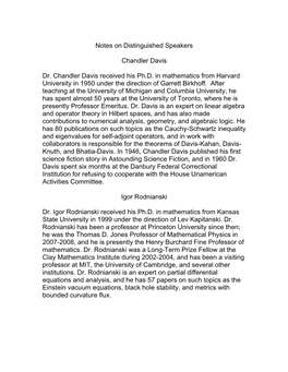 Notes on Distinguished Speakers Chandler Davis Dr. Chandler Davis