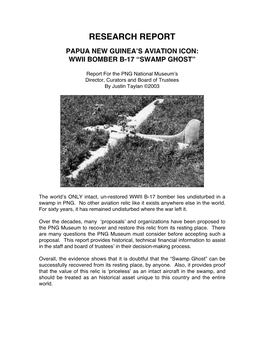 Research Report Papua New Guinea’S Aviation Icon: Wwii Bomber B-17 “Swamp Ghost”