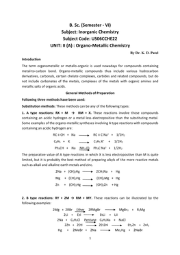 US06CCHE22 UNIT: II (A) : Organo-Metallic Chemistry by Dr