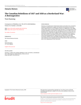 The Canadian Rebellions of 1837 and 1838 As a Borderland War: a Retrospective Tom Dunning