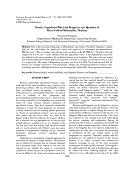 Density Equation of Bio-Coal Briquettes and Quantity of Maize Cob in Phitsanulok, Thailand