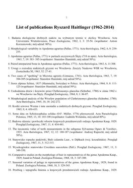 List of Publications Ryszard Haitlinger (1962-2014)