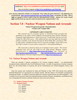 Nuclear Weapon Nations and Arsenals Nuclear Weapons Frequently Asked Questions Version 2.20: 9 August 2001