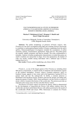 Palynomorphological Study of Primrose (Primula Vulgaris Huds.) Grown in Natural Reserve Obedska Bara (Serbia)