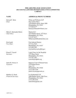 Philadelphia Bar Association 2014 Young Lawyers Division Executive Committee Cabinet