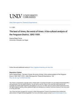 The Best of Times, the Worst of Times: a Bio-Cultural Analysis of the Ferguson District, 1892-1909