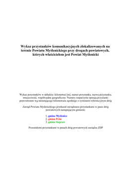 Wykaz Przystanków Komunikacyjnych Zlokalizowanych Na Terenie Powiatu Myślenickiego Przy Drogach Powiatowych, Których Właścicielem Jest Powiat Myślenicki