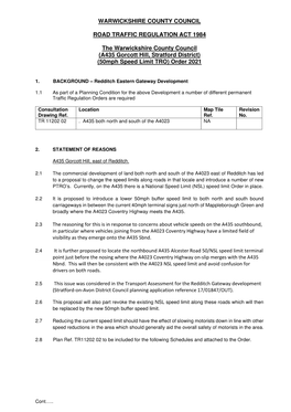 A435 Gorcott Hill, Stratford District) (50Mph Speed Limit TRO) Order 2021