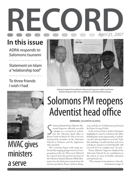 Solomons PM Reopens Adventist Head Office