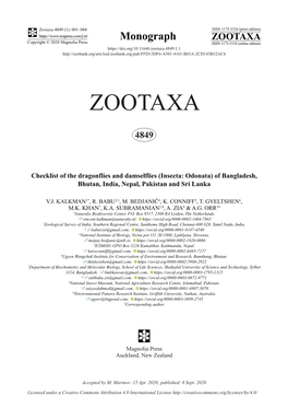 Checklist of the Dragonflies and Damselflies (Insecta: Odonata) of Bangladesh, Bhutan, India, Nepal, Pakistan and Sri Lanka