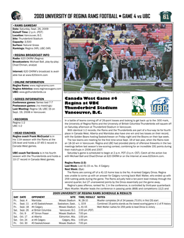 2009 UNIVERSITY of REGINA RAMS FOOTBALL • GAME 4 Vs UBC