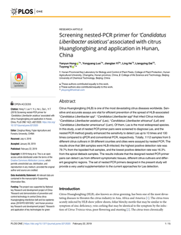 Candidatus Liberibacter Asiaticus’ Associated with Citrus Huanglongbing and Application in Hunan, China