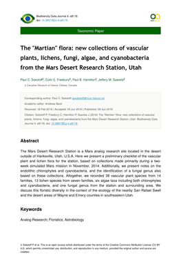 New Collections of Vascular Plants, Lichens, Fungi, Algae, and Cyanobacteria from the Mars Desert Research Station, Utah