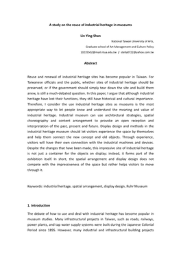 A Study on the Reuse of Industrial Heritage in Museums Lin Ying-Shan