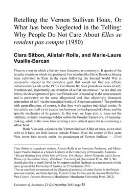 Retelling the Vernon Sullivan Hoax, Or What Has Been Neglected in the Telling: Why People Do Not Care About Elles Se Rendent Pas Compte (1950)