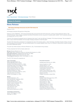 News Release | TSX Venture Exchange - TSX Venture Exchange Announces Its 2010 TS