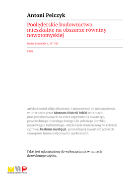 Antoni Pelczyk Poolęderskie Budownictwo Mieszkalne Na Obszarze Równiny Nowotomyskiej