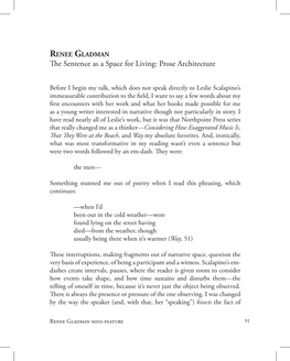 RENEE GLADMAN Te Sentence As a Space for Living: Prose Architecture