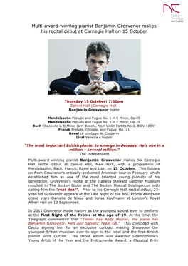 Benjamin Grosvenor, Carnegie Hall Press Release