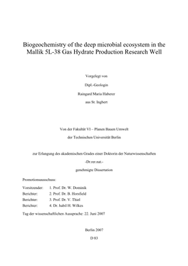 Biogeochemistry of the Deep Microbial Ecosystem in the Mallik 5L-38 Gas Hydrate Production Research Well