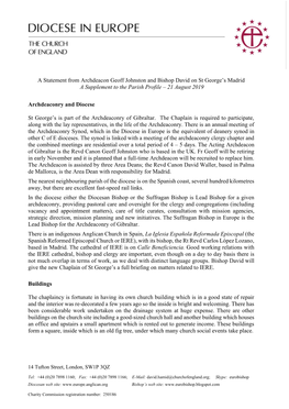 A Statement from Archdeacon Geoff Johnston and Bishop David on St George’S Madrid a Supplement to the Parish Profile – 21 August 2019