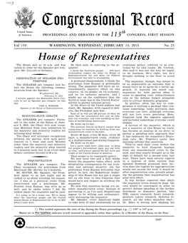 Congressional Record United States Th of America PROCEEDINGS and DEBATES of the 113 CONGRESS, FIRST SESSION