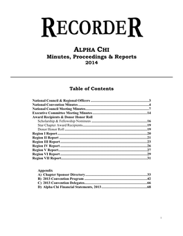 RECORDER ALPHA CHI Minutes, Proceedings & Reports 2014 Table