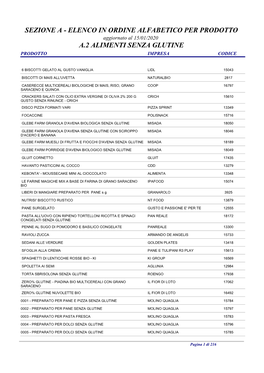 Elenco in Ordine Alfabetico Per Prodotto A.2 Alimenti Senza Glutine
