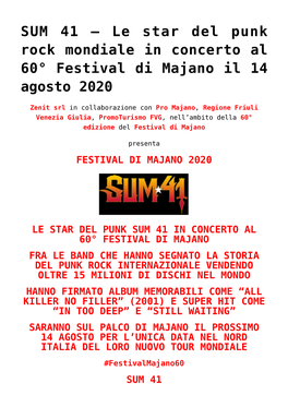 SUM 41 &#8211; Le Star Del Punk Rock Mondiale in Concerto Al 60° Festival Di Majano Il 14 Agosto 2020