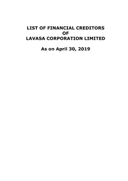 Claims by Financial Creditors As on 30 April 2019