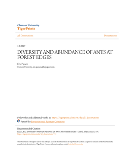 DIVERSITY and ABUNDANCE of ANTS at FOREST EDGES Eric Paysen Clemson University, Eric.Paysen@Lloydpest.Com