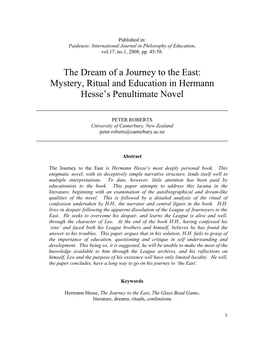 The Dream of a Journey to the East: Mystery, Ritual and Education in Hermann Hesse's Penultimate Novel