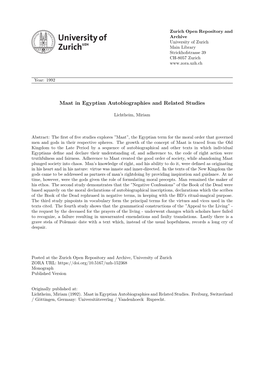 Maat in Egyptian Autobiographies and Related Studies