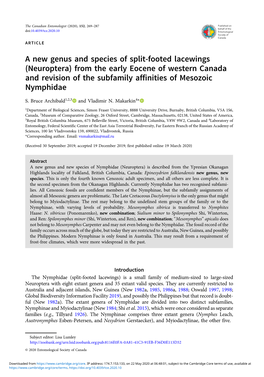 A New Genus and Species of Split-Footed Lacewings (Neuroptera) from the Early Eocene of Western Canada and Revision of the Subfamily Affinities of Mesozoic Nymphidae