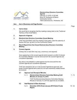 Electoral Area Directors Committee Agenda February 13, 2019; 10:30 AM Room B, Pemberton & District Community Centre 7390 Cottonwood St., Pemberton, BC