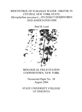 Biocontrol of Eurasian Water-Milfoil in Central New York