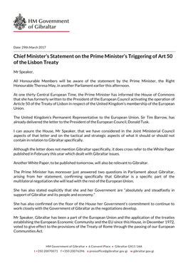 Chief Minister's Statement on the Prime Minister's Triggering of Art 50