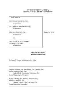 Polygram Holding Initial Decision Final Public Record Version, Docket No.9298