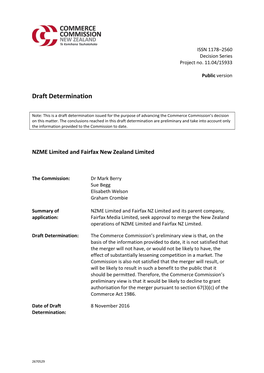 NZME Ltd and Fairfax New Zealand Ltd – Authorisation Draft Determination