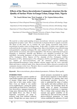 Effects of the Macro-Invertebrates Community Structure on the Quality of Surface Water in Enugu Urban, Enugu State, Nigeria